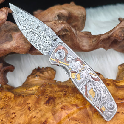 WUKONG Hand-engraved Pocketknife with 24K Gold Inlays and Damasteel Blade