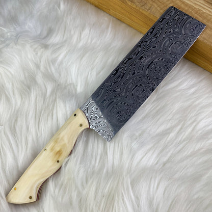 Custom Damasteel Nakiri Knife with Mammoth Tusks