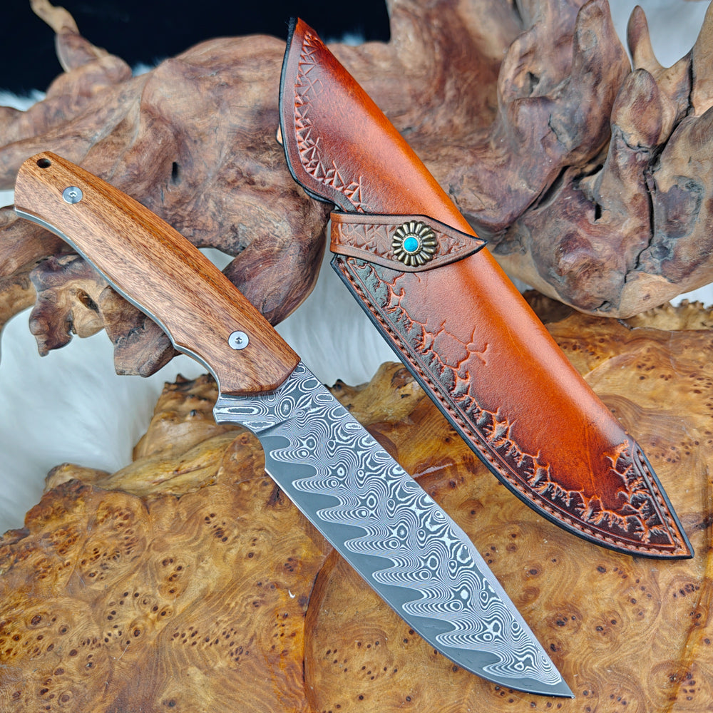 5" Full Tang Hunter in Damascus Steel with Ironwood