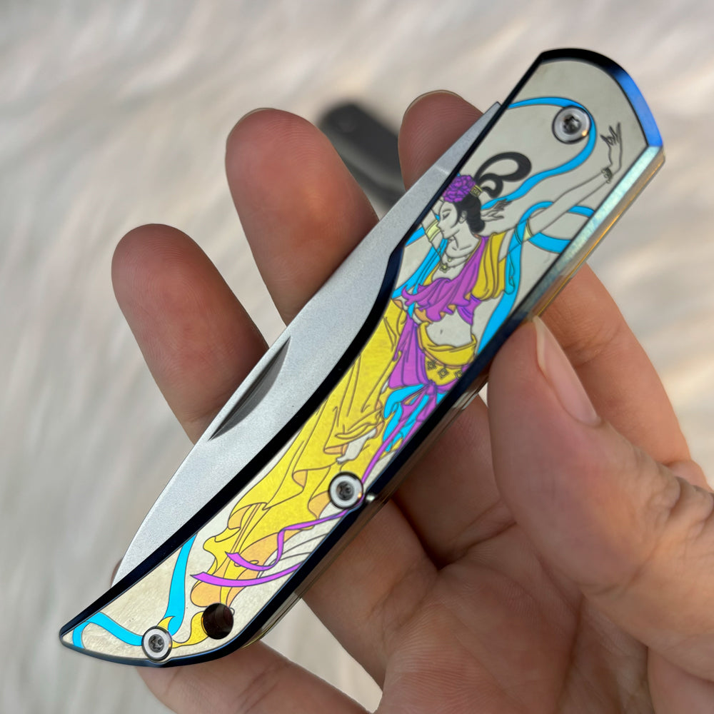 Color Engraving Pocket Knife in ZDP-189, Titanium