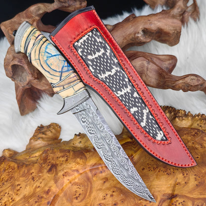 Feather Damascus Steel Hunter with Leather Sheath
