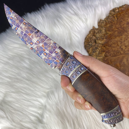 Mosaic Damascus Fixed Blade Knife with Bluing Heat Treatment