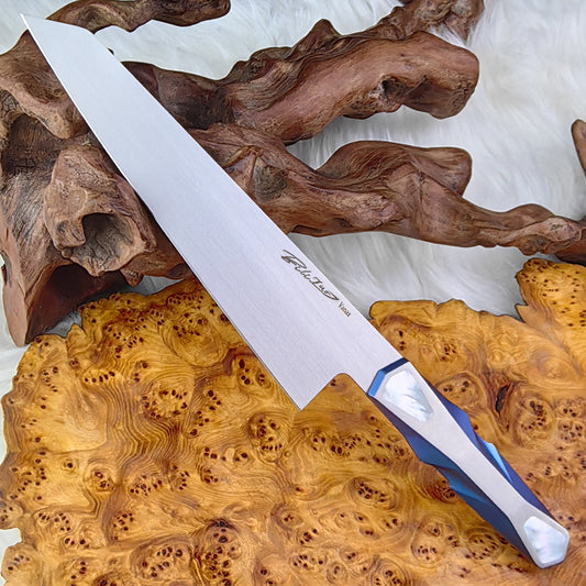Custom Kitchen Chef Knife in Vanax, Mother-of-pearl Inlaid in Titanium Handle