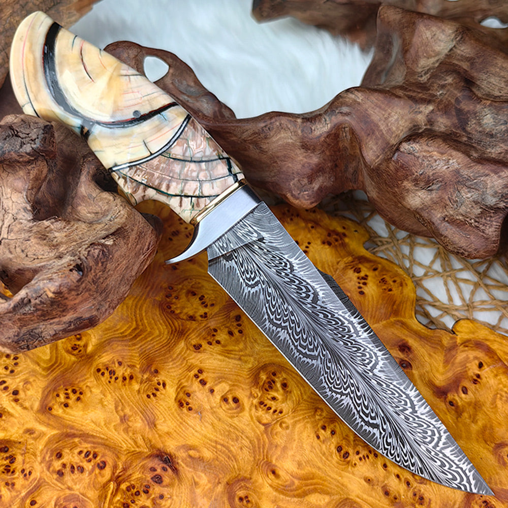 Feather Damascus Hunter with Mammoth Tooth