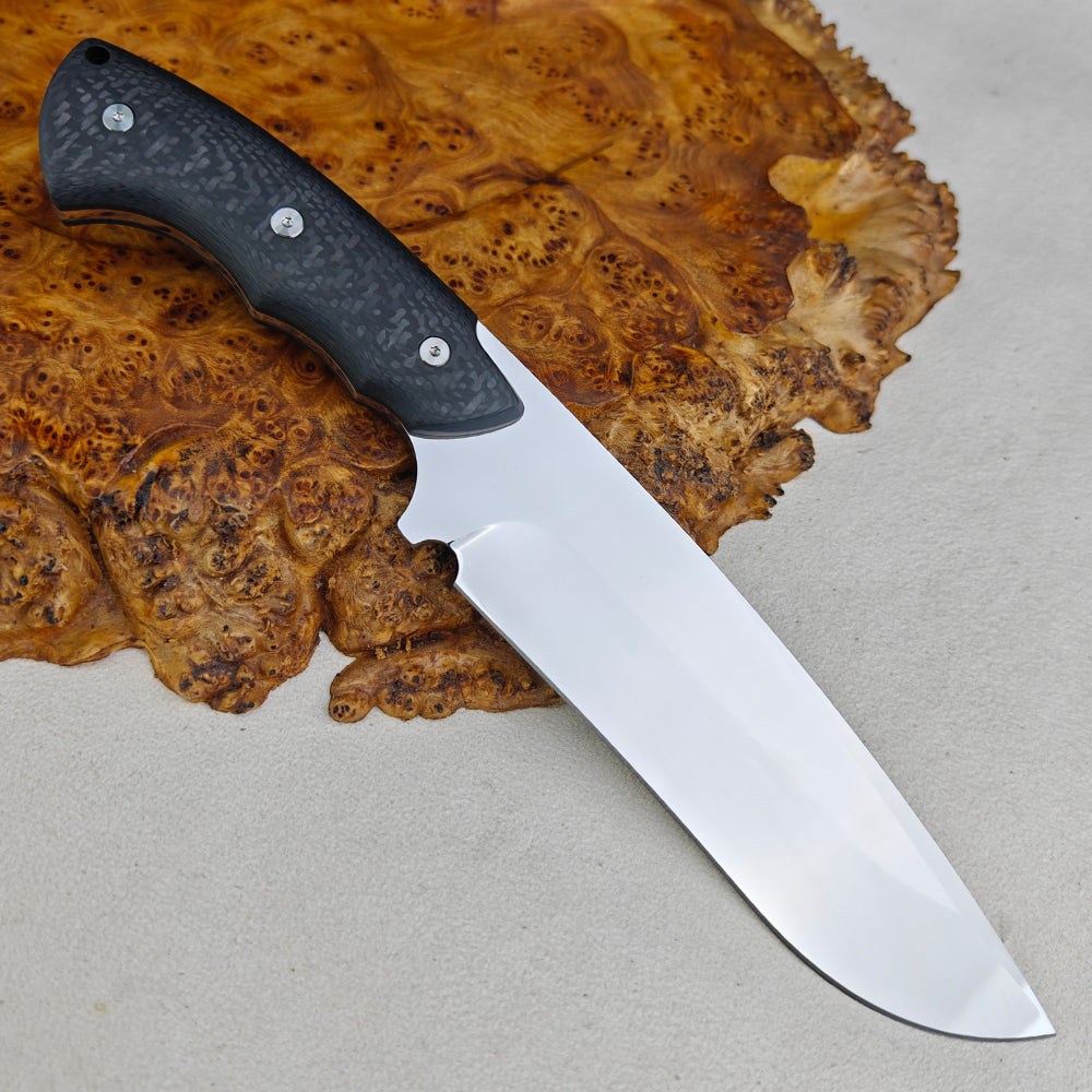 Mirror Polished Vanax Steel Fixed Blade Knife 6.7" Carbon Fiber