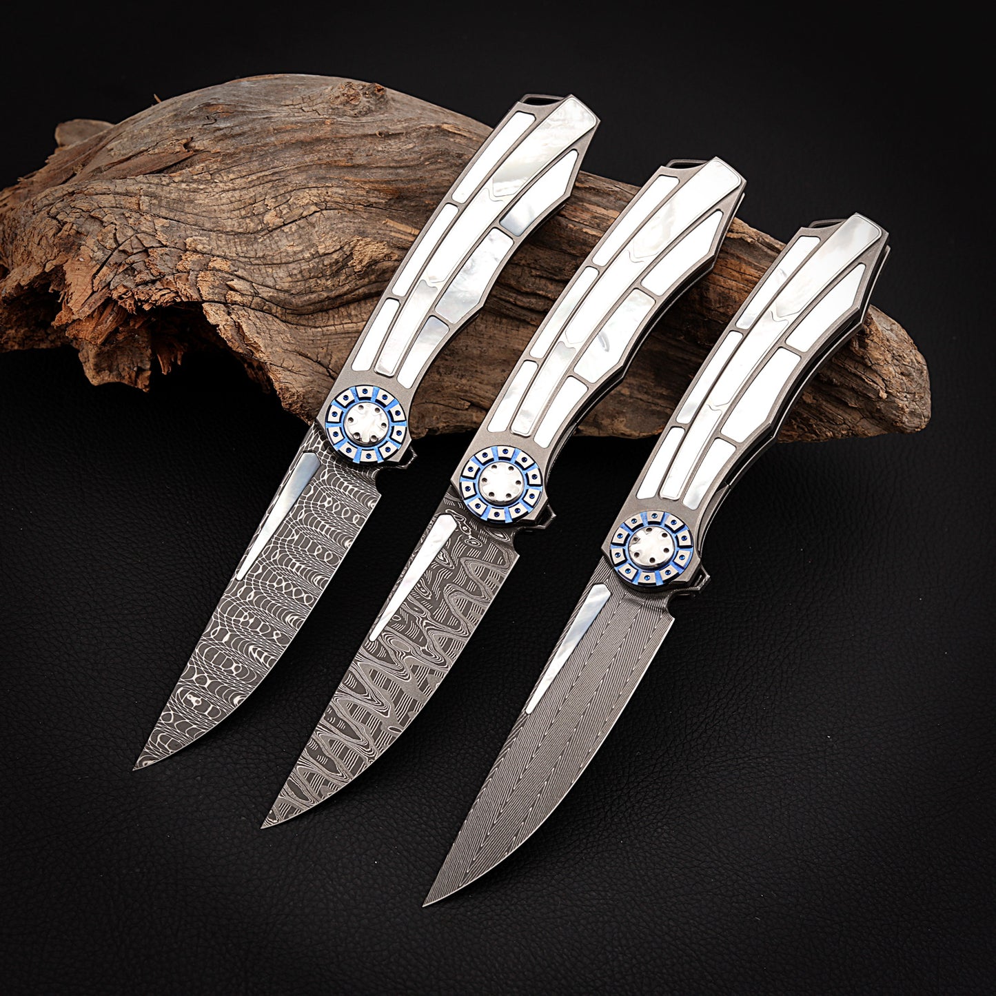 Custom Liner Lock Pocket Knife Forged Damascus Steel Inlaid with Mother of Pearl