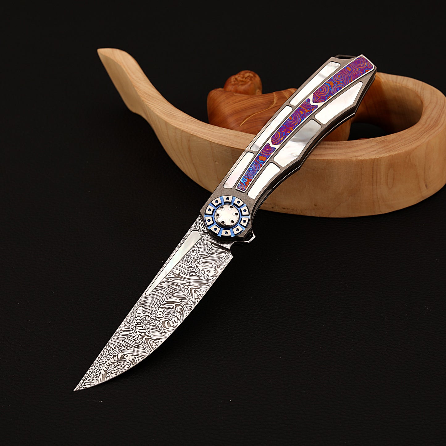 Custom Liner Lock Knife, Damascus Steel, Timascus & Lip Pearl