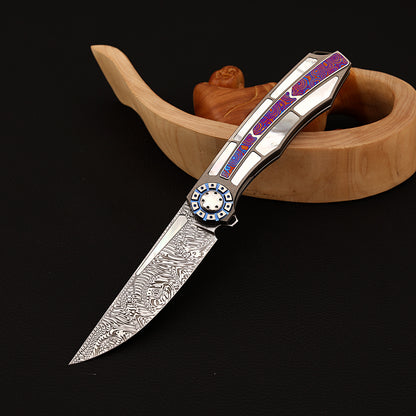 Custom Liner Lock Knife, Damascus Steel, Timascus & Lip Pearl