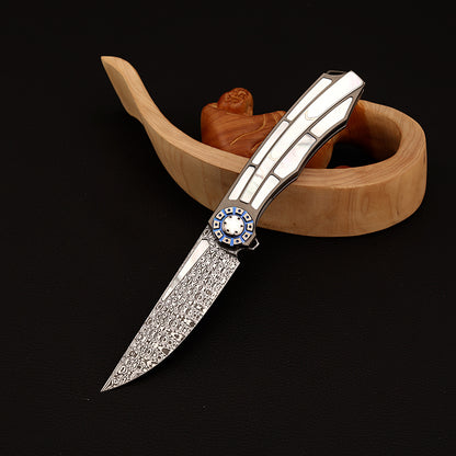 Custom Liner Lock Knife, Damascus Steel, Timascus & Lip Pearl