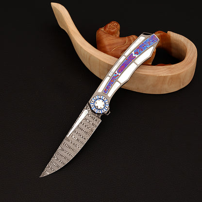 Custom Liner Lock Knife, Damascus Steel, Timascus & Lip Pearl