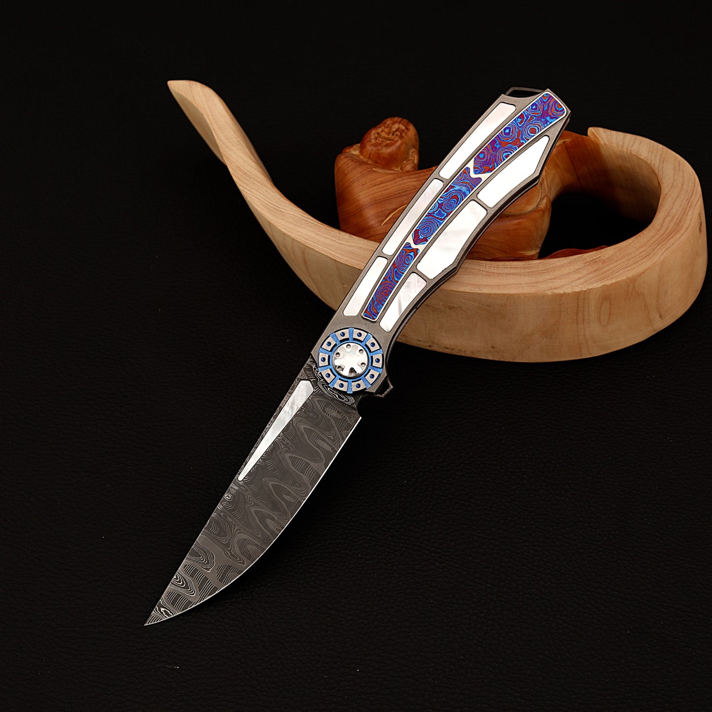 Custom Liner Lock Knife, Damascus Steel, Timascus & Lip Pearl