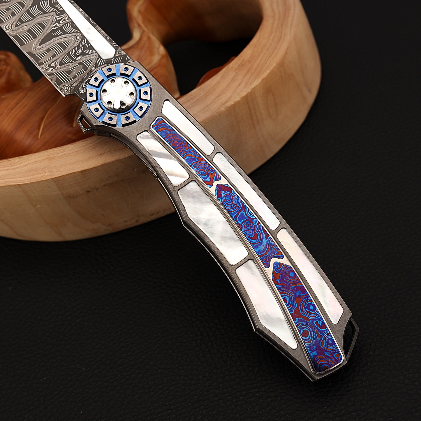 Custom Liner Lock Knife, Damascus Steel, Timascus & Lip Pearl