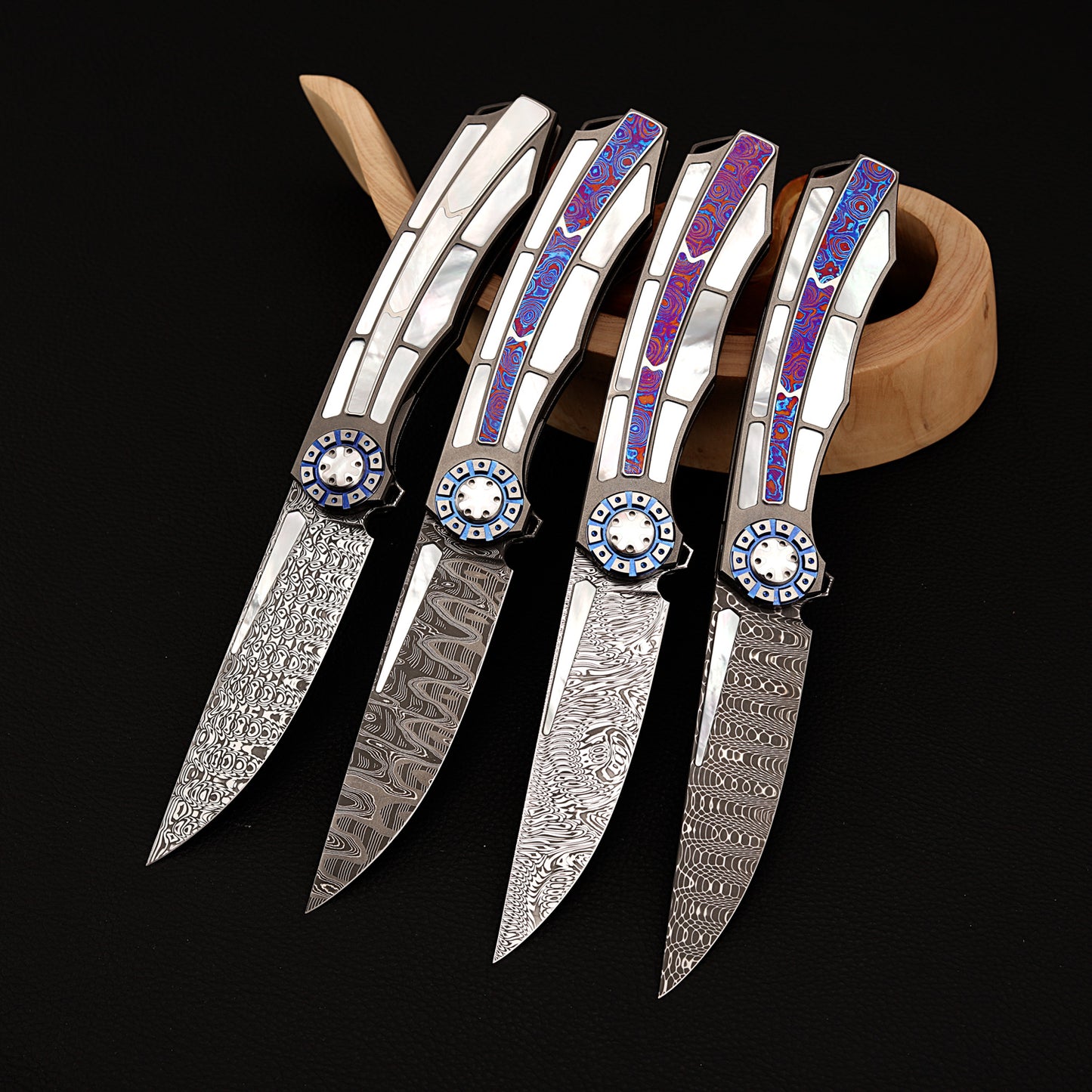 Custom Liner Lock Knife, Damascus Steel, Timascus & Lip Pearl