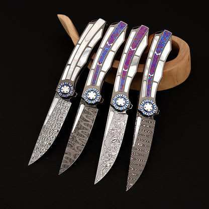 Custom Liner Lock Knife, Damascus Steel, Timascus & Lip Pearl