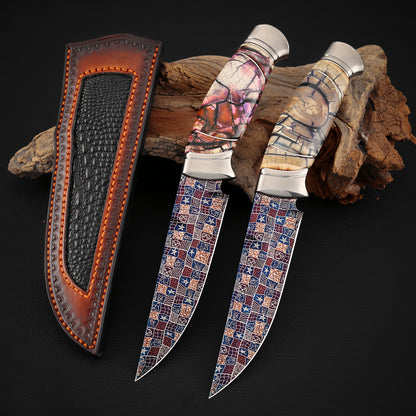 Custom Hunting Knife Mosaic Damascus Bluing Heat Treatment