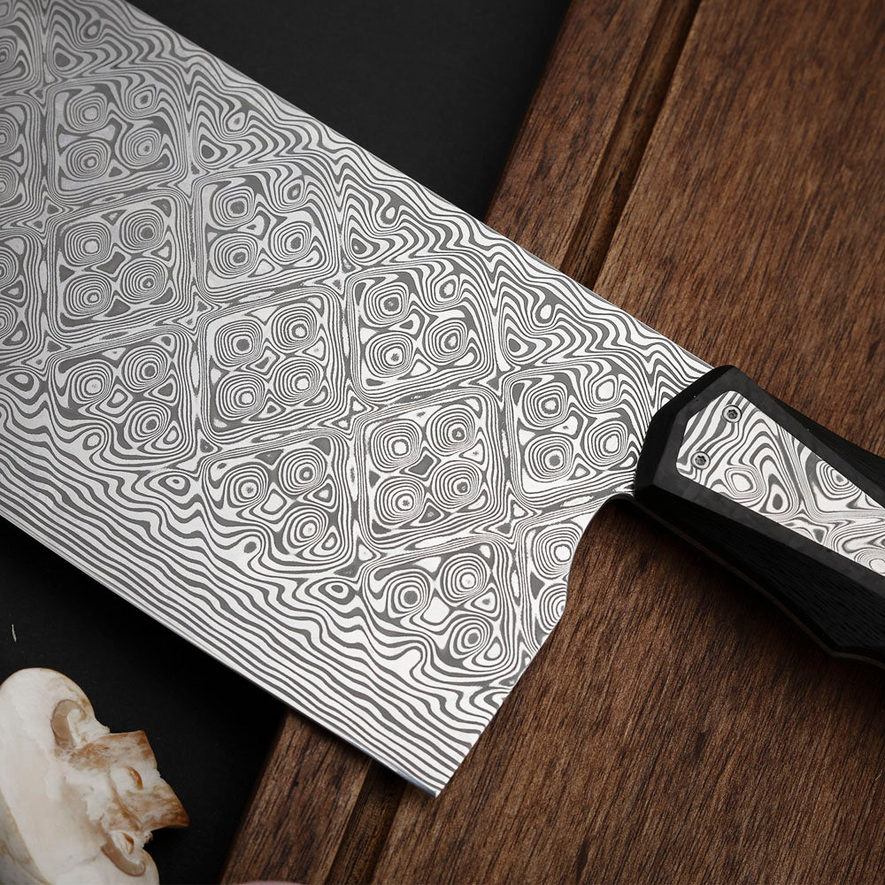 7.4" Cleaver Knife in Damasteel with Carbon Fiber