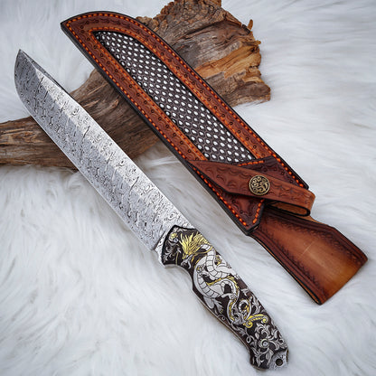 Custom 7.3 Inch Fixed Blade Knife Damasteel Color Titanium Carving