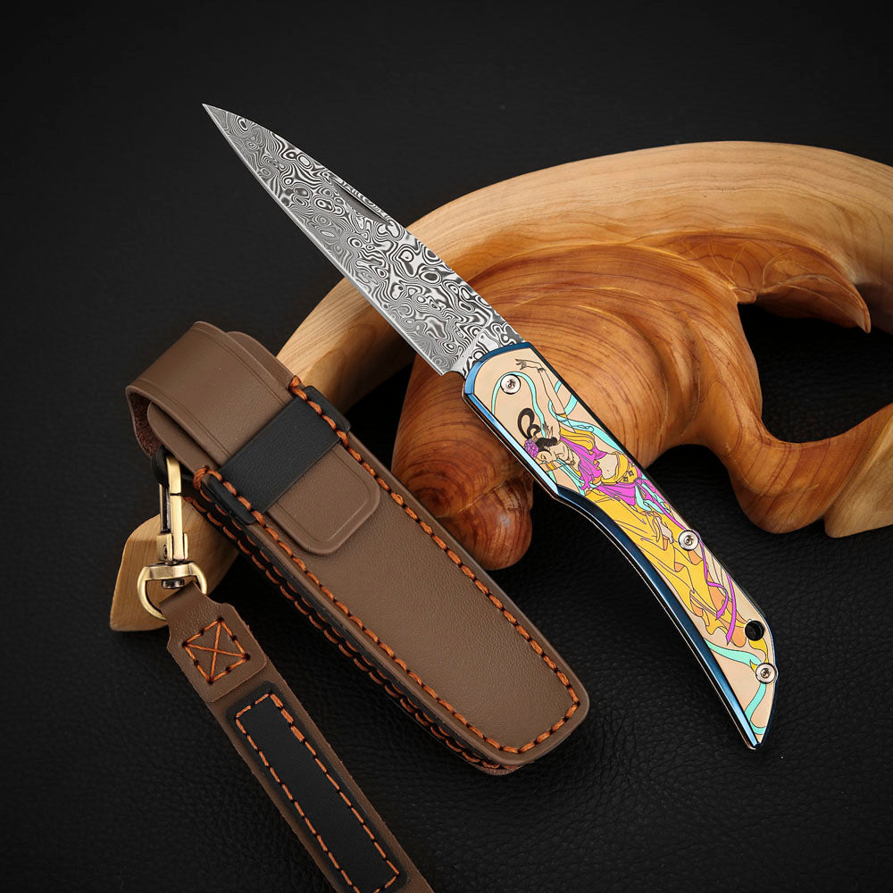 Color Engraving Pocket Knife in Damascus Steel, Titanium