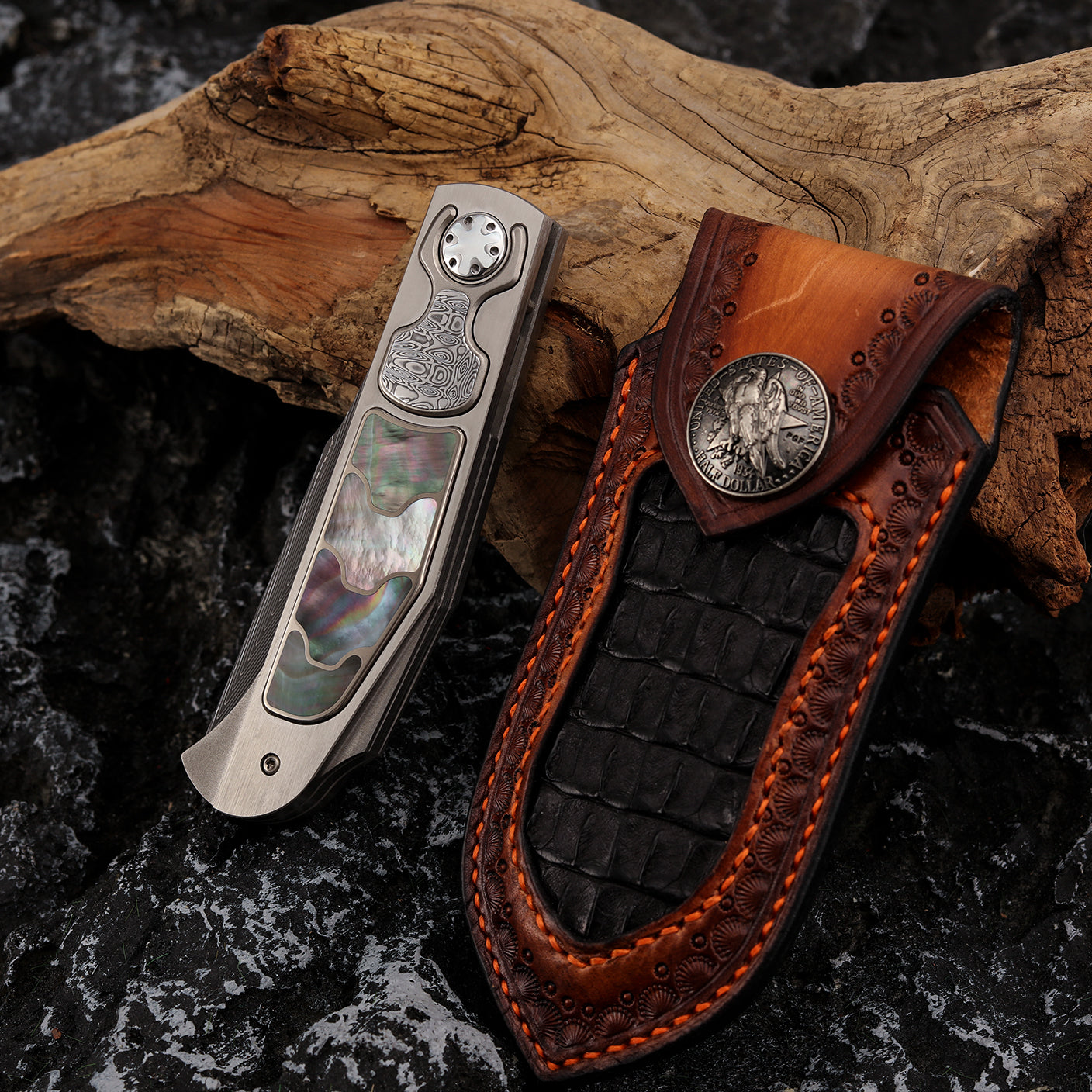 Custom Button Lock Folding Knife Forged Damascus Steel