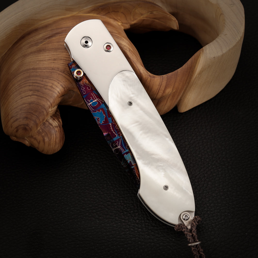Custom Button Lock Knife Mosaic Damascus Steel