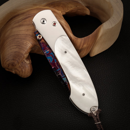 Custom Button Lock Knife Mosaic Damascus Steel