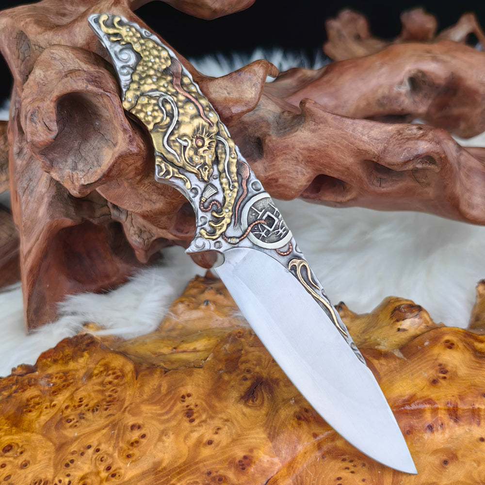 Hand-engraved Fixed Blade Knife in RWL34 Steel
