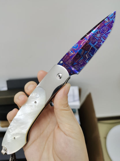 Custom Button Lock Folder in Mosaic Damascus with Mother of Pearl