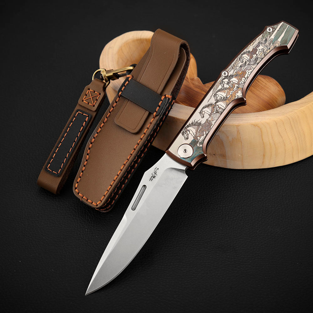 3.7 Inch Pocket Knife Laser-Engraved Titanium Handle, Vanax Steel