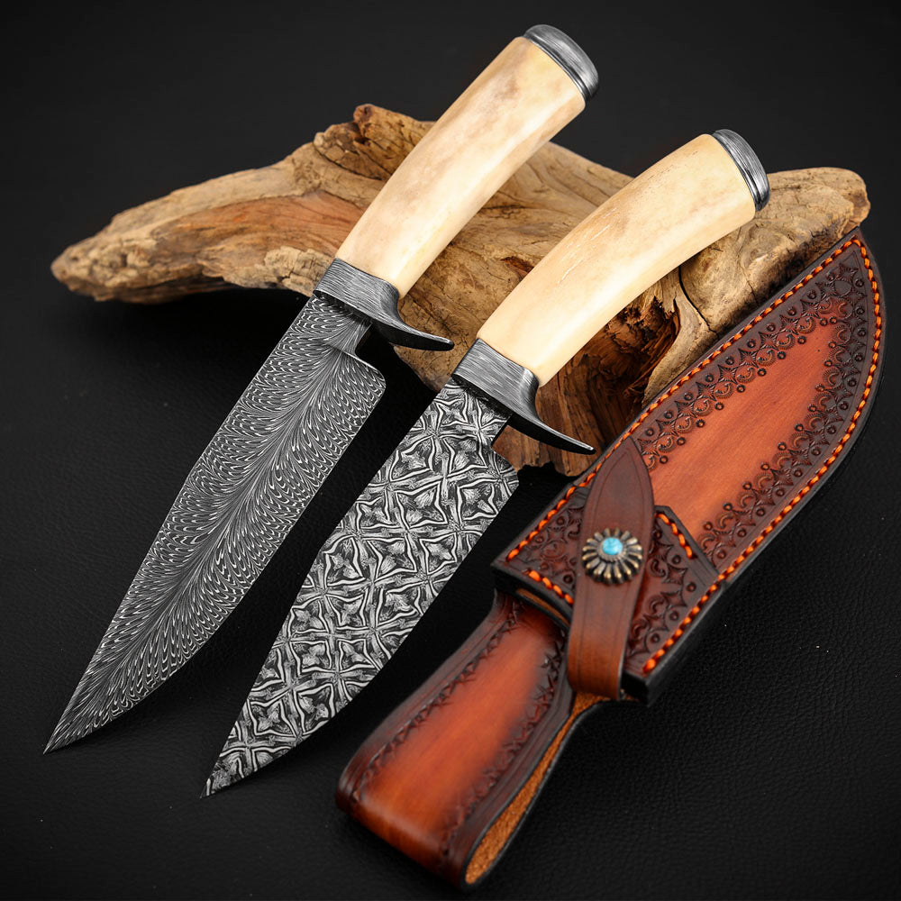 Customs Hunting Knife, Hand-forged Mosaic Damascus Steel