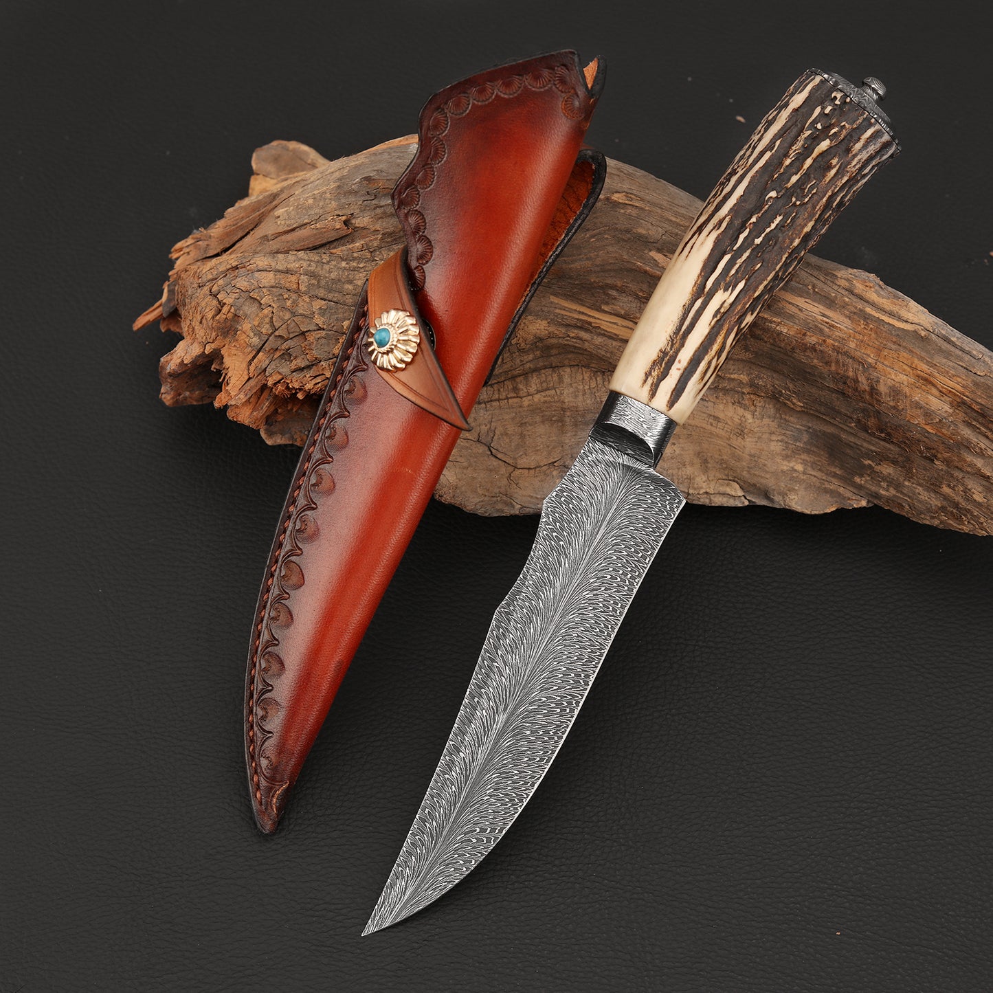 Custom Hunter in Feather Damascus with Buckhorn