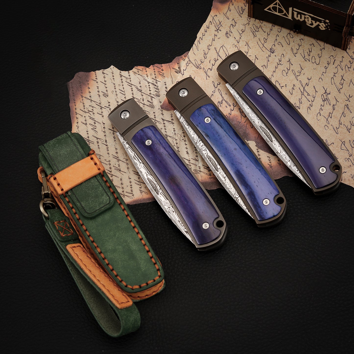 Custom Drop Point Pocket Knife in Damasteel, Blue