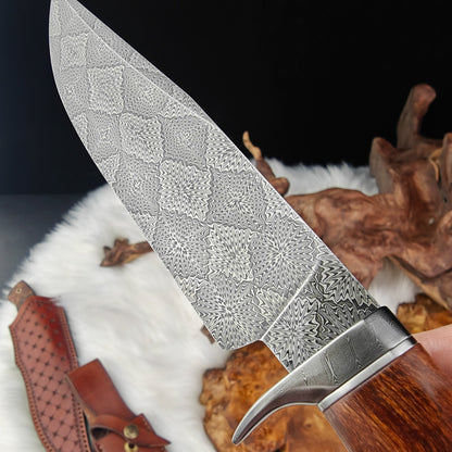 Spider-print Damascus Steel Hunting Knife with Antler