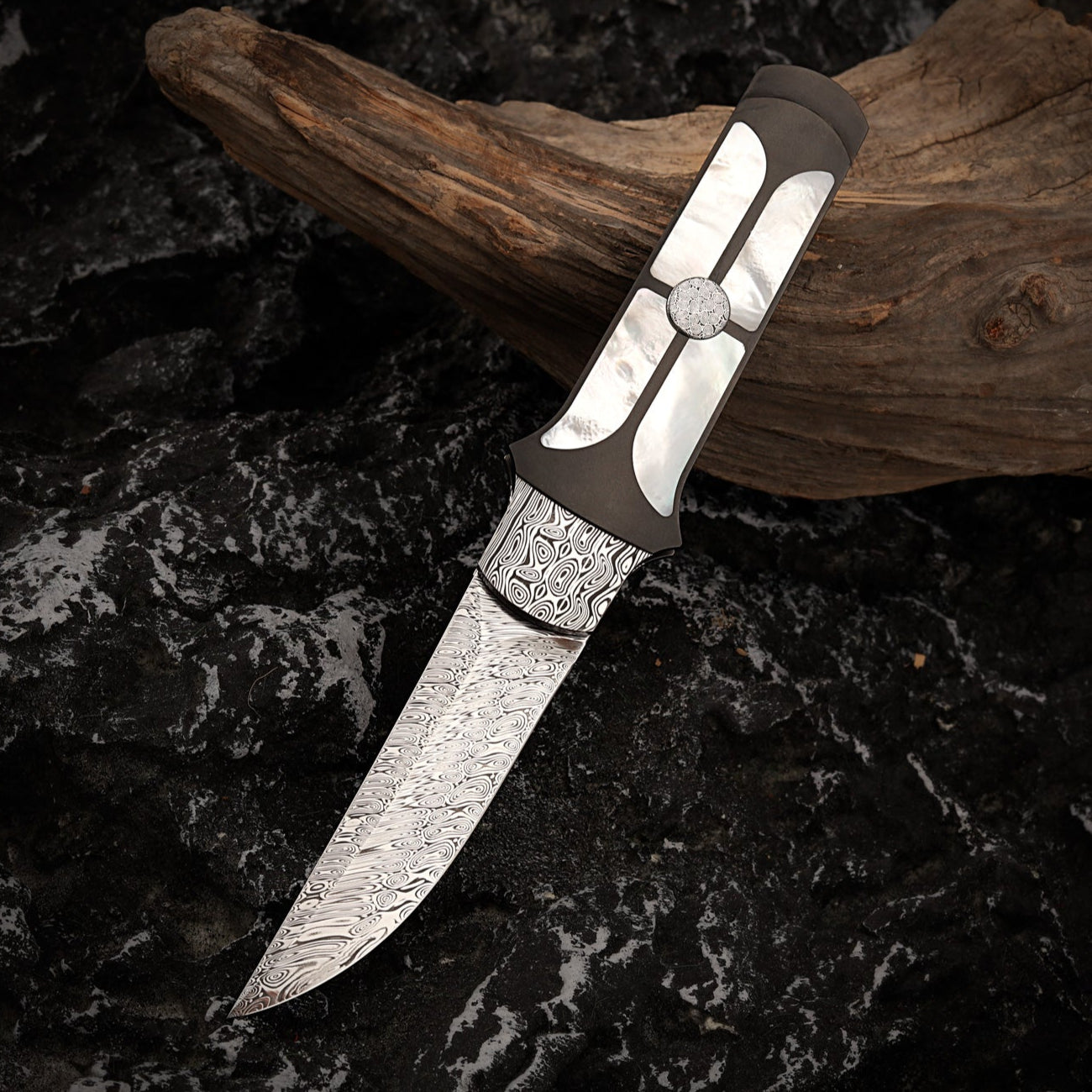 Custom Liner Lock Knife Damasteel Inlaid with Mother of Pearl