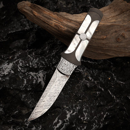 Custom Liner Lock Knife Damasteel Inlaid with Mother of Pearl