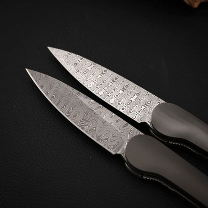 Liner Lock Front Flipper Folding Knives in Damascus with Titanium