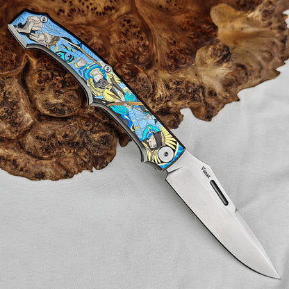 Anubis Pocket Knife Titanium 3D Coloured Sculpting - Vanax Steel