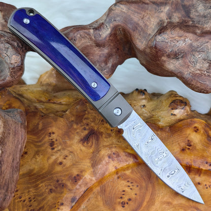 Custom Drop Point Pocket Knife in Damasteel, Blue