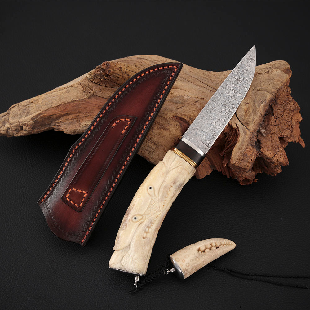 Crab Hand-carved Fixed Blade Knife Damasteel Antler Handle