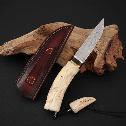 Crab Hand-carved Fixed Blade Knife Damasteel Antler Handle