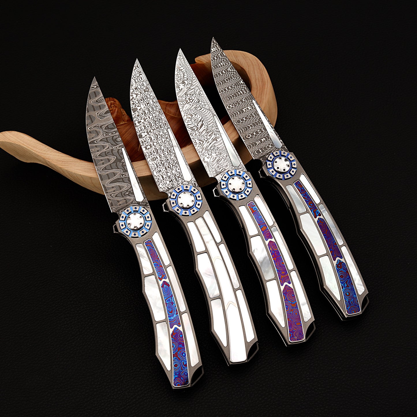 Custom Liner Lock Knife, Damascus Steel, Timascus & Lip Pearl