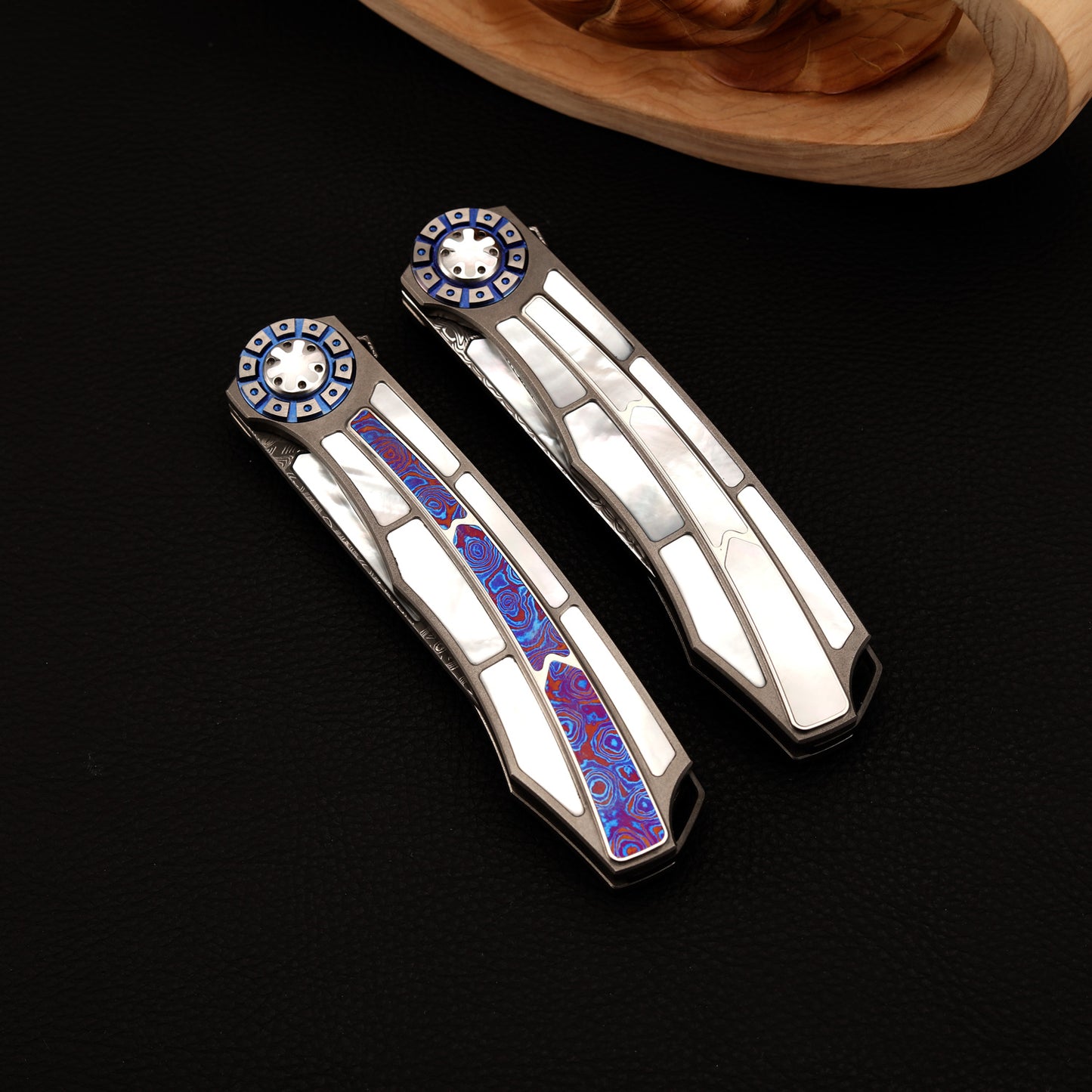 Custom Liner Lock Knife, Damascus Steel, Timascus & Lip Pearl