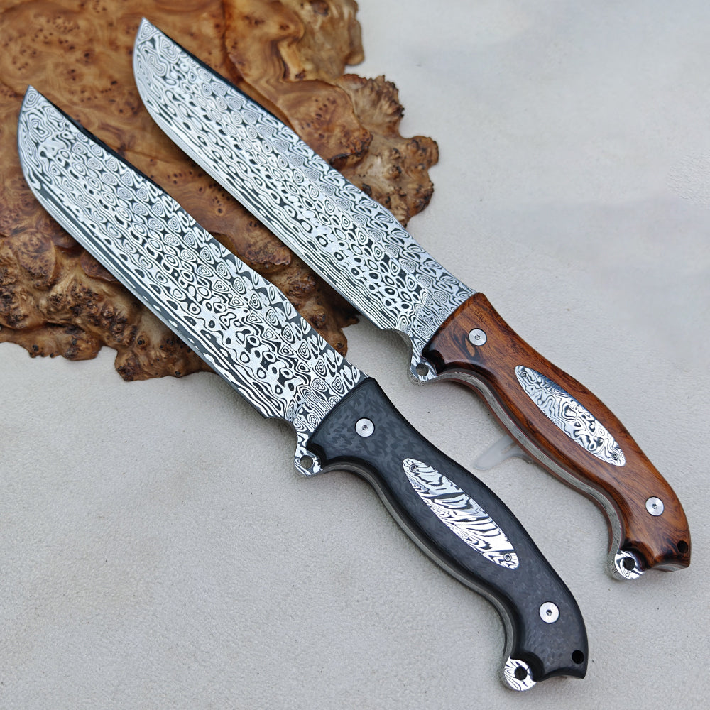 Survival, Camp Knife | 7.3 Inch Damasteel | Carbon Fiber, Ironwood