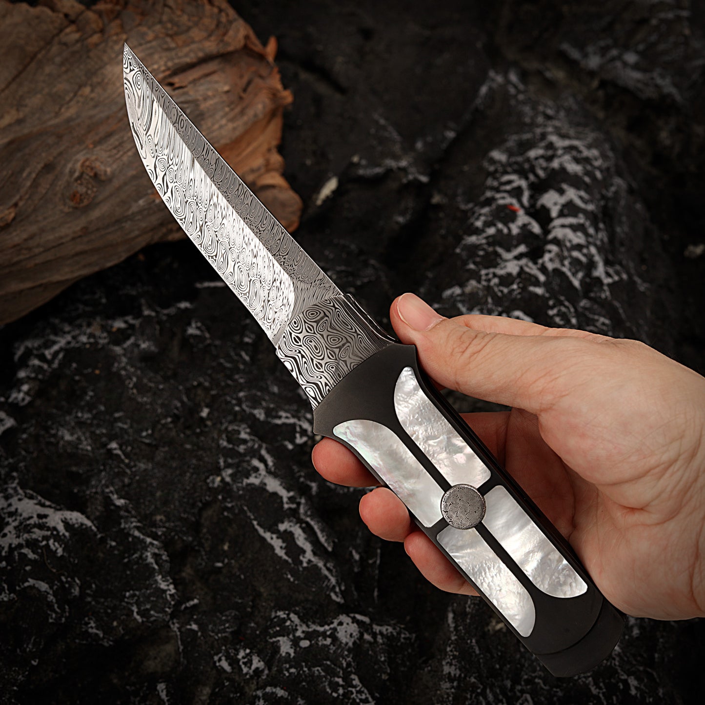 Custom Liner Lock Knife Damasteel Inlaid with Mother of Pearl