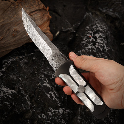 Custom Liner Lock Knife Damasteel Inlaid with Mother of Pearl