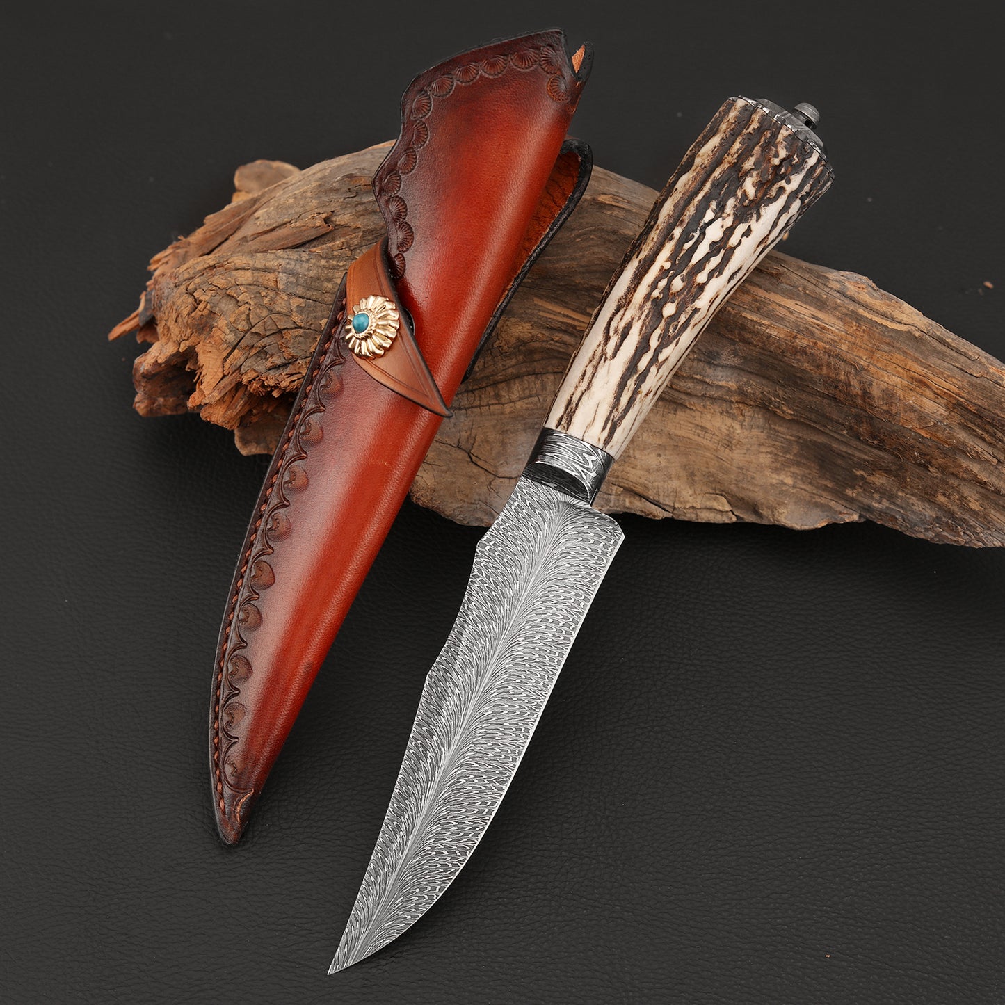 Custom Hunter in Feather Damascus with Buckhorn