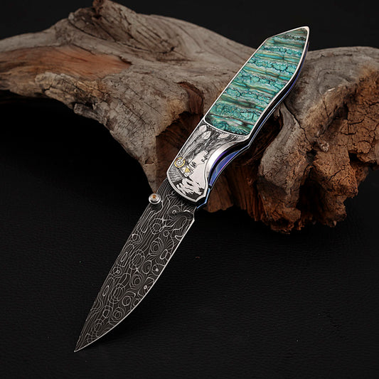 Hand-engraved Folding Knife Damascus Steel, Mammoth Tusks