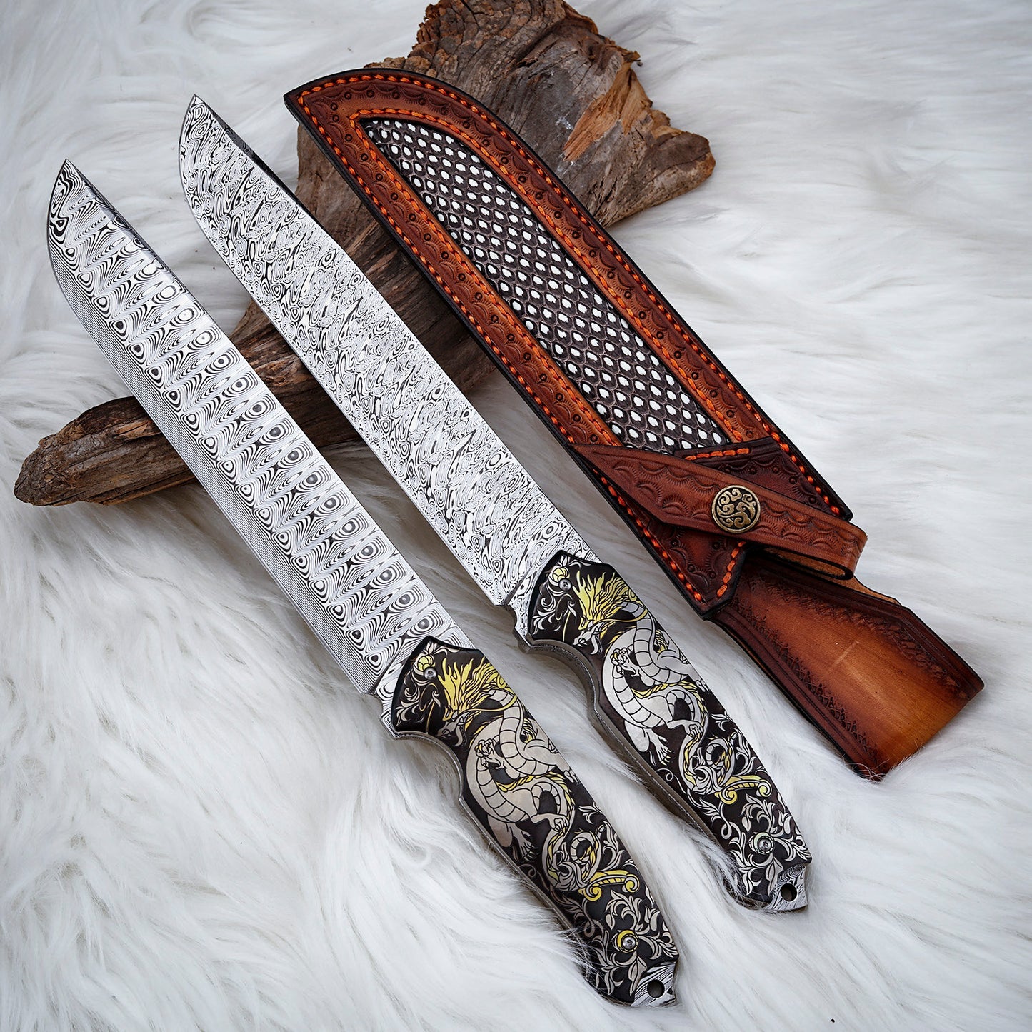 Custom 7.3 Inch Fixed Blade Knife Damasteel Color Titanium Carving