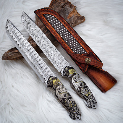 Custom 7.3 Inch Fixed Blade Knife Damasteel Color Titanium Carving