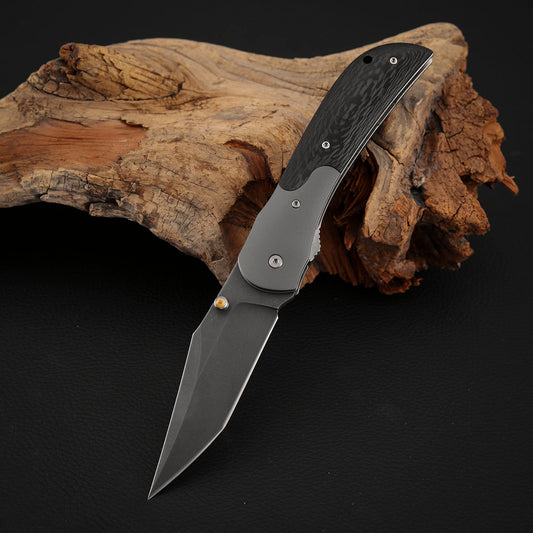 Tanto Folding Knife, Wootz Steel, Carbon Fiber