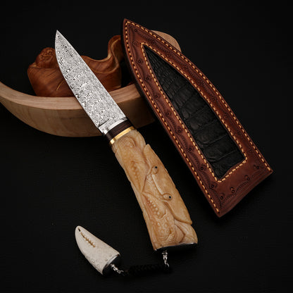 Crab Knife Damasteel Antler Handle
